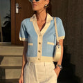 Tossy Knit Sweater Cardigan Coat Female Pocket V-Neck Contrast Short Sleeve Patchwork Elegant Vest Women's Knitwear Cardigan Top