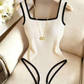 3pcs Women's Ribbed Bodysuit Set Fashionable Black Piped Square Neck Waist-Cinching Style Summer Nightlife Wear Elegant Beach Ou