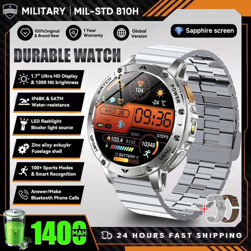 Military Grade Alloy Smartwatch 1400mAh Long Standby Waterproof SOS Emergency Flashlight BT Call Outdoor Sports Watch For Men