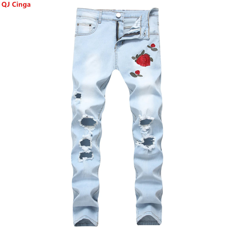 Men's Light Blue Stretch Jeans for Fall, Denim Pants | SAMAG