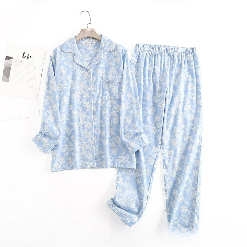 Cotton Flannel Women's Long Pants Pajamas Sets for Sleepwear Plaid Design Loose Autumn and Winter Long Sleeve Trouser Suits