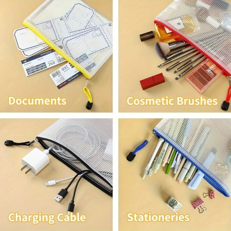 5PCS A5 Mesh Zipper File Bag Creative Student Stationery Waterproof Pen Bag Office Transparent Data Bag Bill Storage Bag