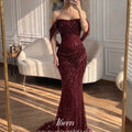 Aileen Sequin Off The Shoulder Burgundy Mermaid Evening | SAMAG