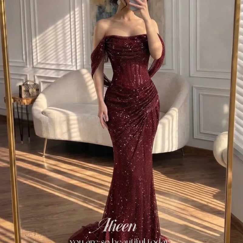 Aileen Sequin Off The Shoulder Burgundy Mermaid Evening | SAMAG