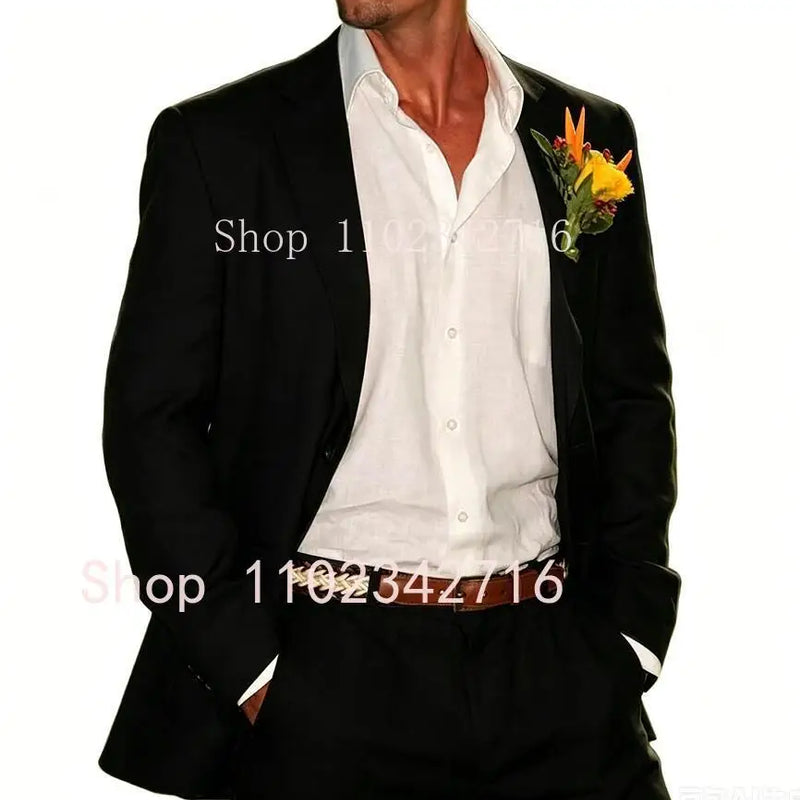 Beige Linen Men Suits 2 Pieces Beach Wedding American Style Jacket with Pants Formal Groom Tuxedos Male Suits (Blazer+Pants)