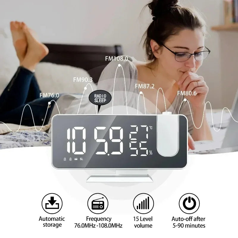 Alarm Clock Radio LED Digital Smart Watch Table Electronic Desktop Clocks USB Wake Up Clock with 180° Time Projector Snooze