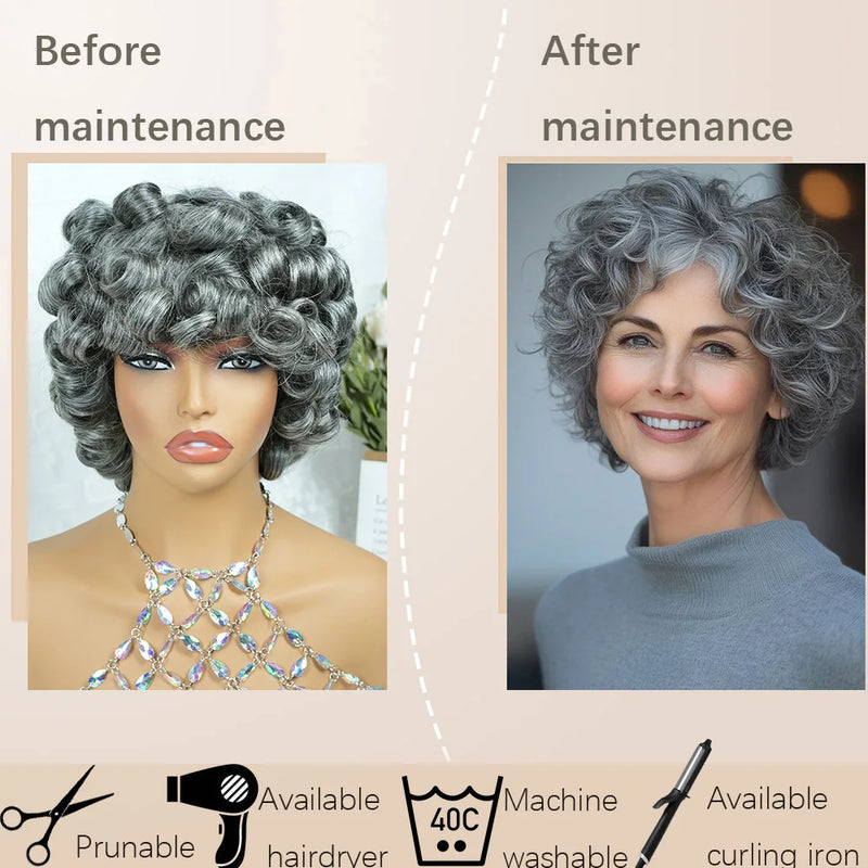Salt and Pepper Pixie Cut Human Hair Wigs for Women Gray Hair Black Mixed With 60#Color for Daily Use Machine Made