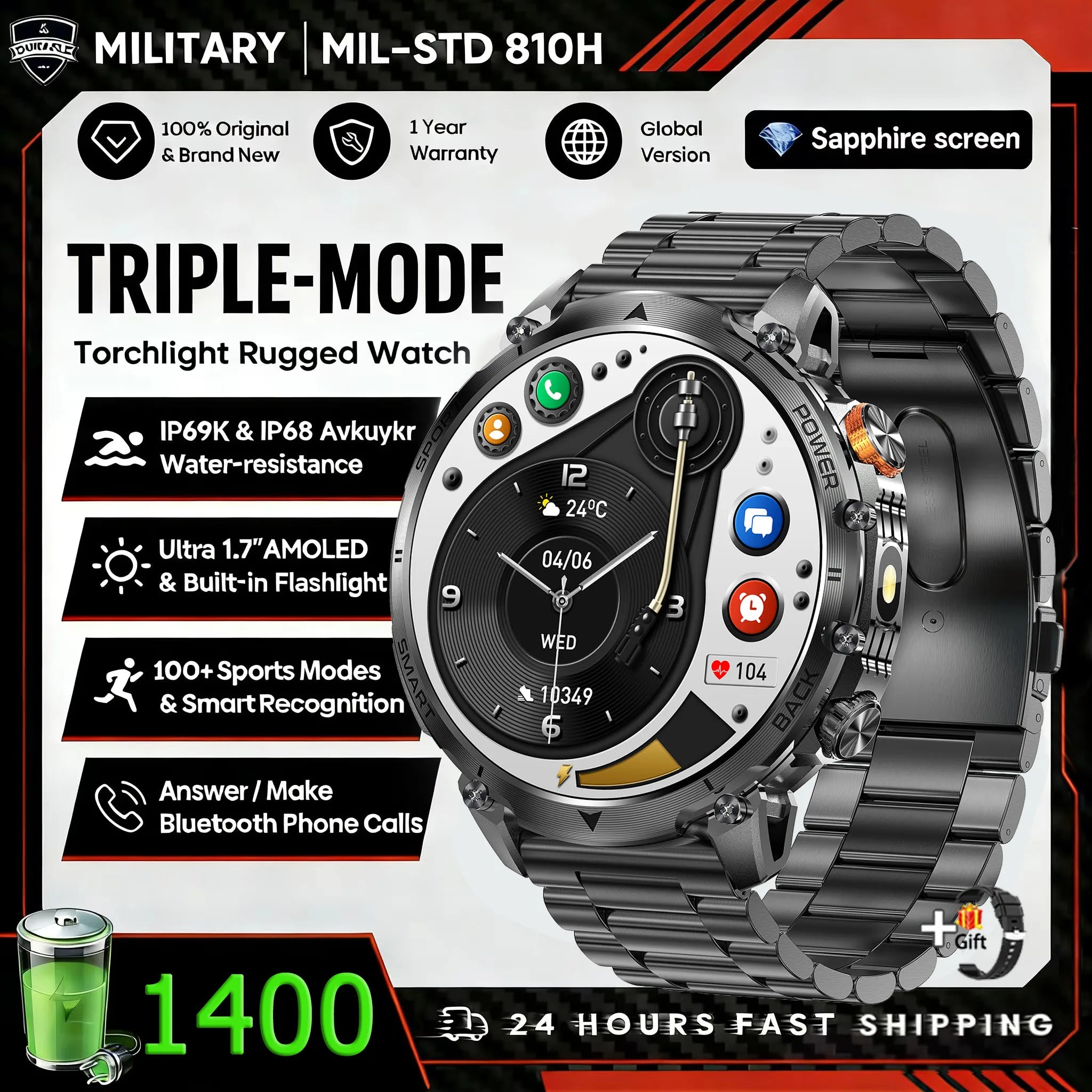 Hot New 1400mAh Big Battery Smart Watch Men Outdoor Flashlight IP68 Waterproof Bluetooth Call AMOLED Military Sports Smartwatch