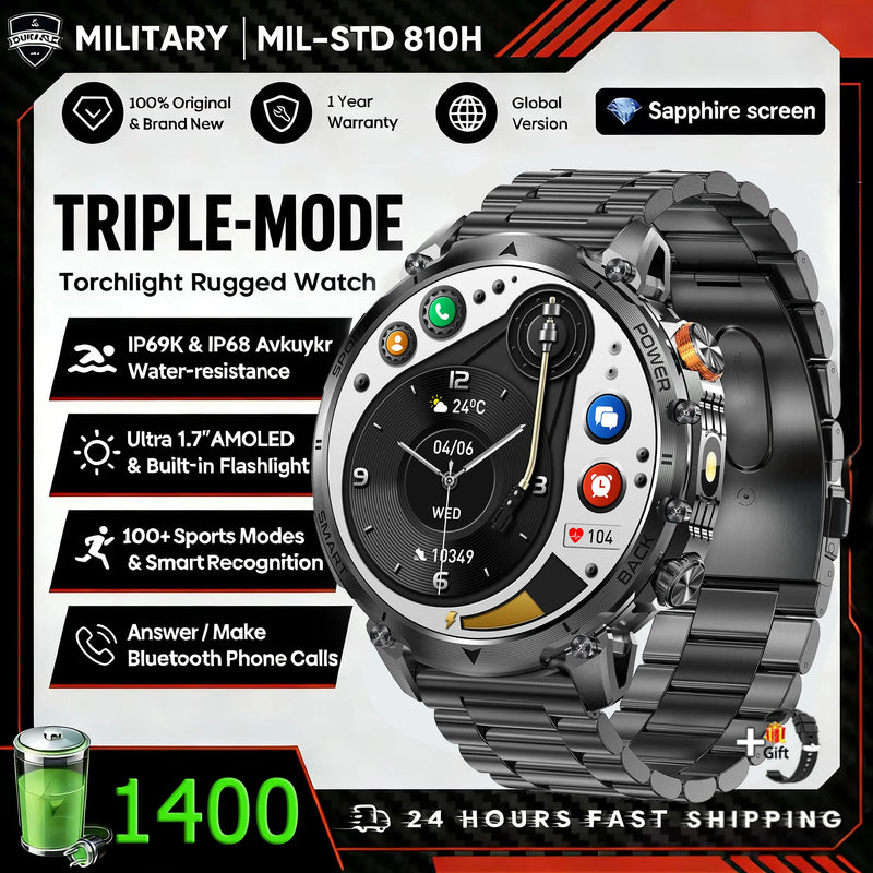 Hot New 1400mAh Big Battery Smart Watch Men Outdoor Flashlight IP68 Waterproof Bluetooth Call AMOLED Military Sports Smartwatch