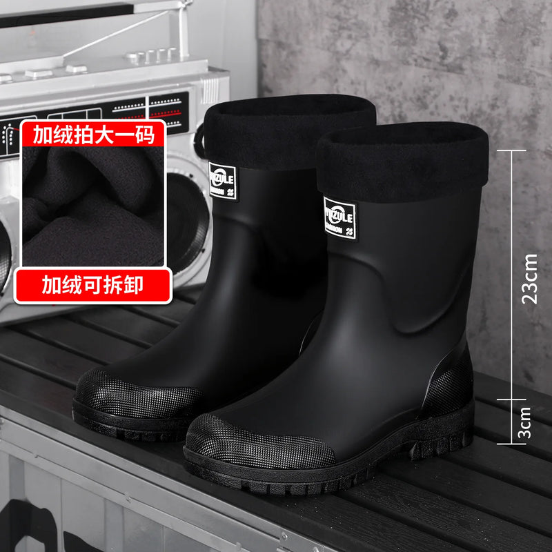New Men's Style Rain Boots Fashion Mid-calf Waterproof Boots Work Warm Water Boots Wear-resistant Non-slip Fishing Rubber Shoes