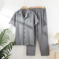 2025 New Spring/Summer Men's Pajama Set 100% Cotton Thin Short Sleeve Pants Large Size Checkered Home Furnishing Set
