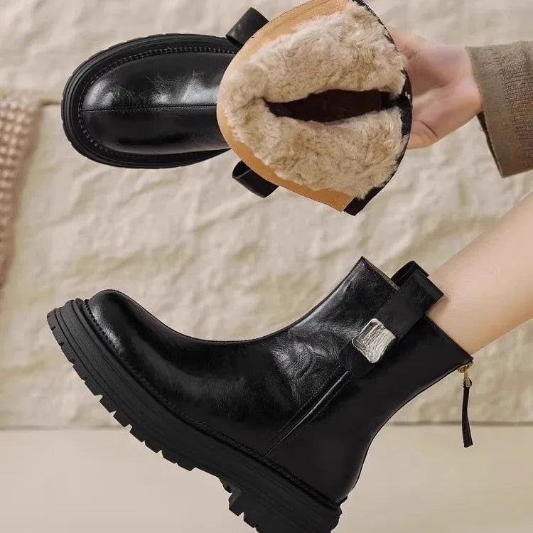 Autumn Winter New Women's Ankle Boots High Quality Wool Warm Platform Leather Boots British Chelsea High Heels Ladies Snow Boot
