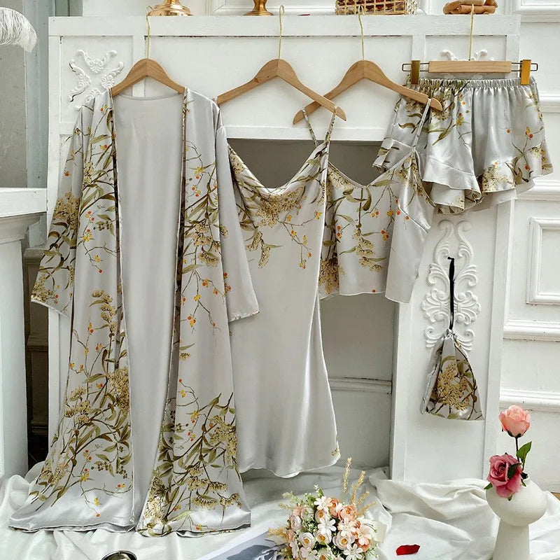 Silk Robe Sleep Suit Women's Lace Satin Pajamas Gown Set | SAMAG