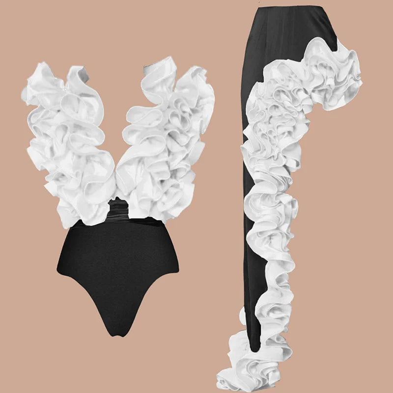 Sexy White 3D Ruffle Flower One Piece And Skirt Set | SAMAG