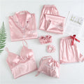 Spring Autumn 7 Pieces Set Silk Elegant Women Pajamas Print Shorts Long Sleeve Top Elastic Waist Pants Lounge Sleepwear