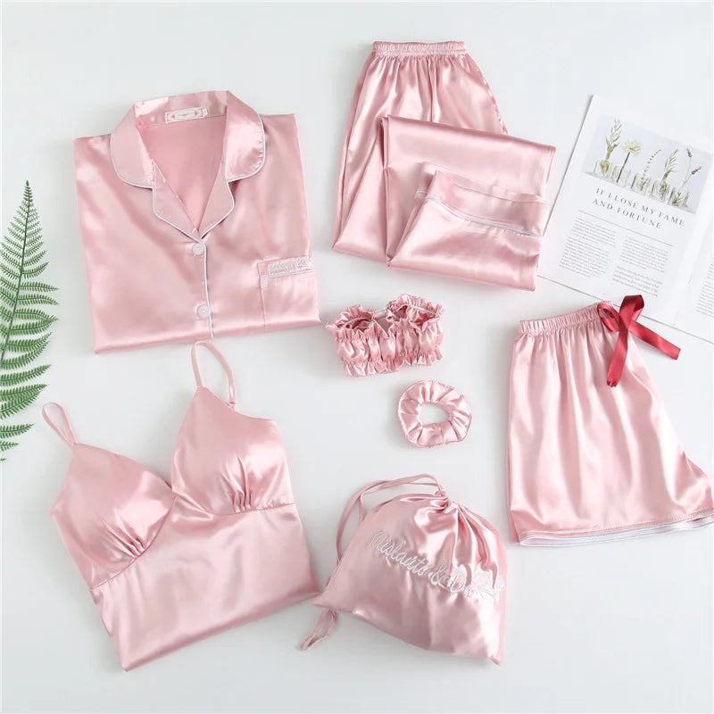 Spring Autumn 7 Pieces Set Silk Elegant Women Pajamas Print Shorts Long Sleeve Top Elastic Waist Pants Lounge Sleepwear