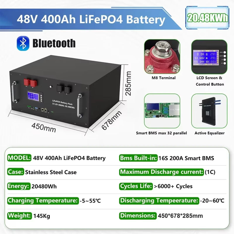 48V 400Ah LiFePO4 Battery Pack 20Kwh 6000+ Cycles 51.2V 100Ah 120Ah 150Ah 200Ah 300Ah Lithium Solar Energy Storage AKKU EU STOCK