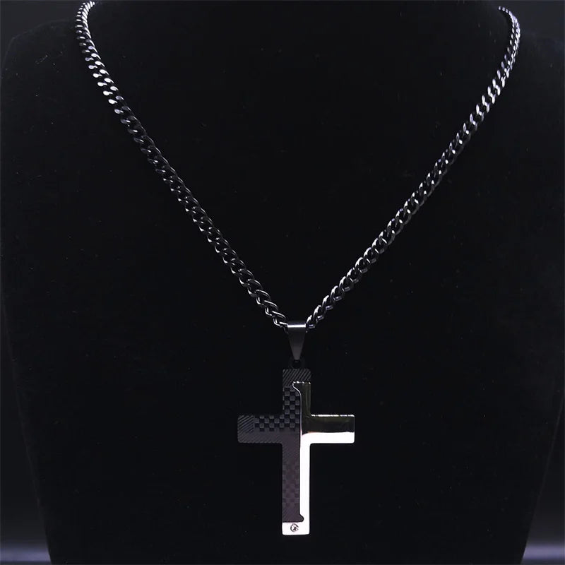 Goth Stainless Steel Cross Pendant Necklace Biker Men Punk Black Silver Color Crucifixion Crystal Necklace Hip Hop Jewelry N6337