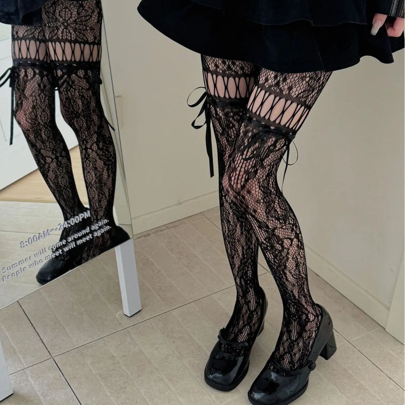 Women JK Lace Bow Tie Hollow Out Stockings Sexy Flower Bottoms Socks Women Pantyhose Tights Night Club Cosplay Party Accessories