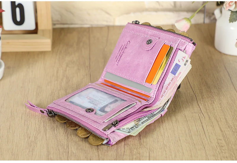 CONTACT'S Fashion Genuine Leather Women Wallet Bifold Card Holder Coin Purse Small Women's Purse Money Clip Men Pocket Wallets