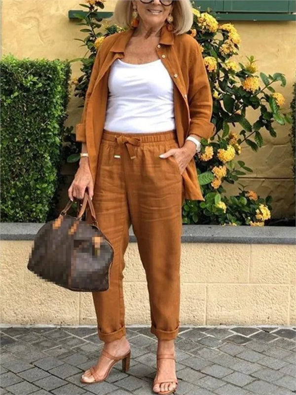 2025 Autumn Spring Casual Suit Women Cotton Linen 2 Piece Set Solid Color Loose Button Shirt + Pants Sets Daily Women's Clothing