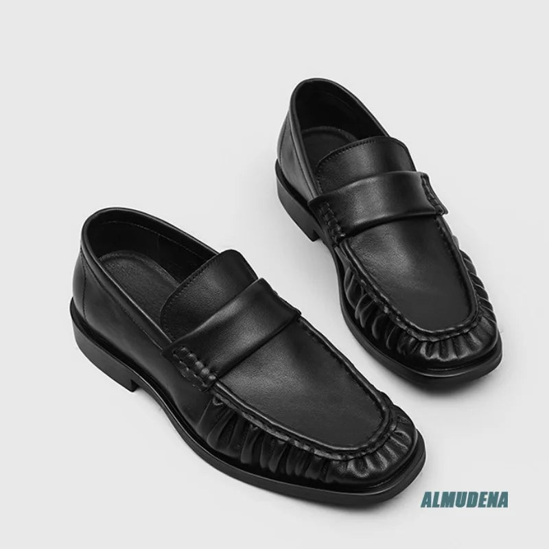 Square Toe Men's Black Genuine Leather Casual Loafers Slip-On Low Heel Streetwear Urban Outdoor Minimalist Fashion Work Shoes