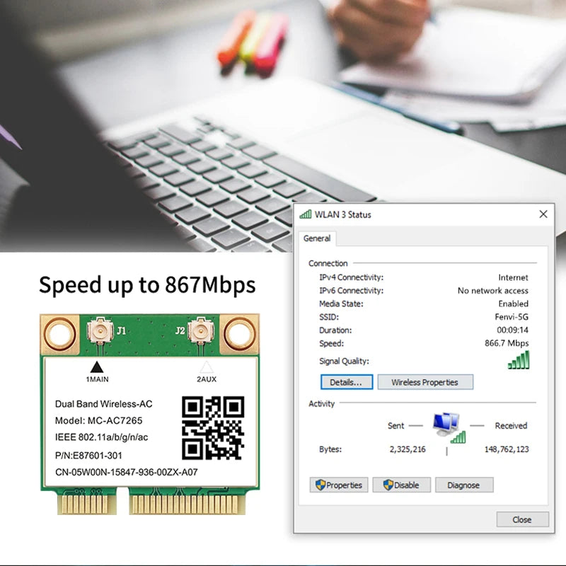 Wifi 5 1200Mbps Bluetooth 4.2 Half Mini PCI - E Card MC - AC7265 Wireless802.11ac 2.4G 5Ghz For Laptop Win - Visuel 6 | SAMAG