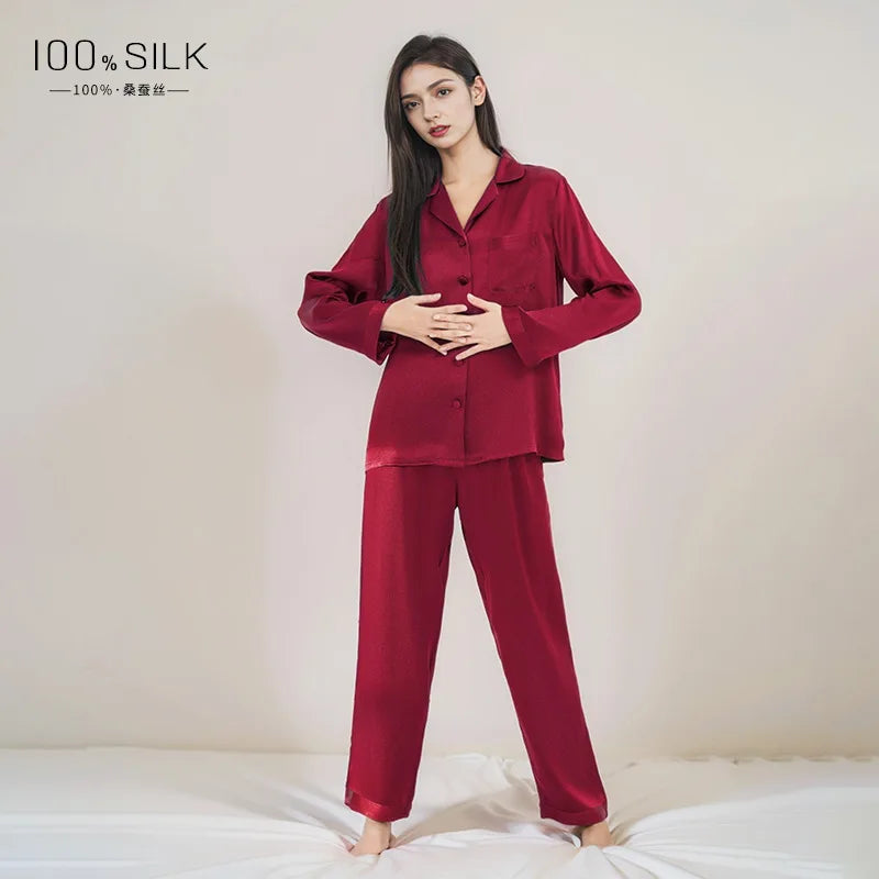 2025 Summer New 100% Mulberry Silk Long-Sleeve Long Pants 2PCS Sets Women's Pajama Set European  American Style Loungewear