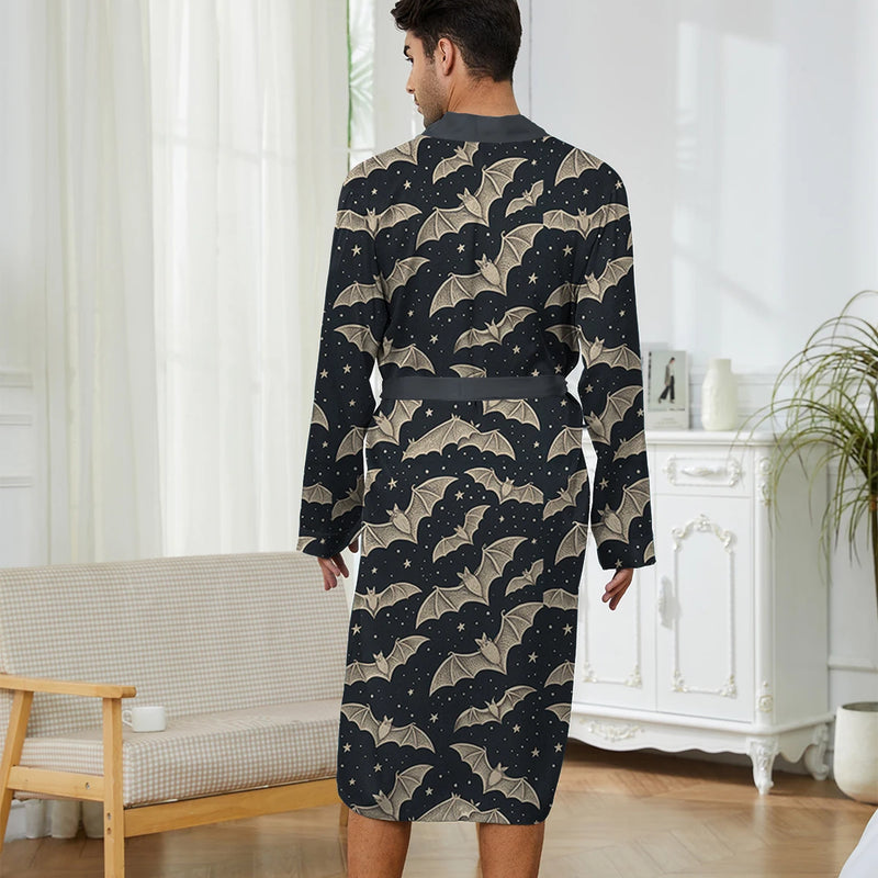 Spring and Autumn Men's Long Nightgown with Digital Printed Bat Pattern, A Comfortable Home Casual Bathrobe Men.