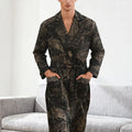 Men's Landscape Print Rayon Bathrobe Kimono Style with Belt Pockets Soft Breathable Loungewear for Home