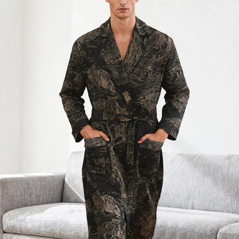Men's Landscape Print Rayon Bathrobe Kimono Style with Belt Pockets Soft Breathable Loungewear for Home