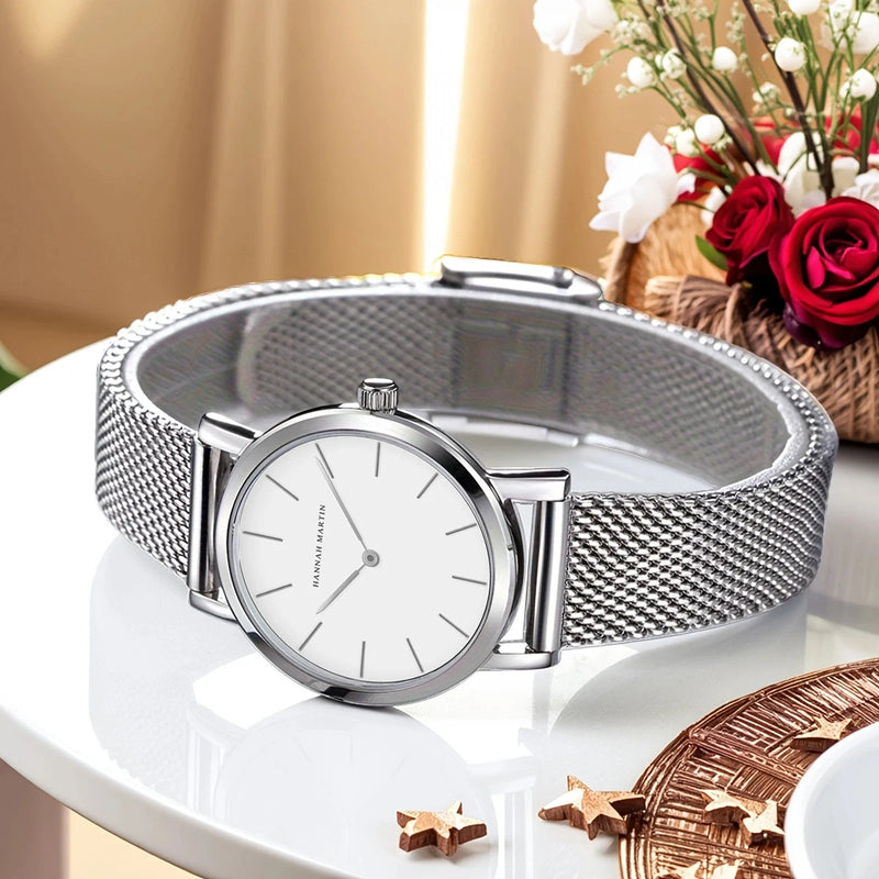 Stainless Steel Mesh Strap Women's Watch 36mm Silver Minimalist Dial Japanese Quartz Movement 6.9mm Slim Clock 3Bar Life Waterproof Local Fast Shipping Hannah Martin Brand Watch