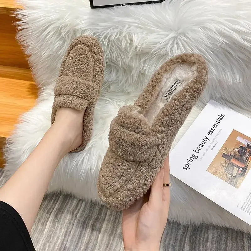 Lambwool Moccasins Femme Curly Sheep Fur Flats Woman Warm Plush Loafers Winter Cotton Shoes Women Furry Snow Boot