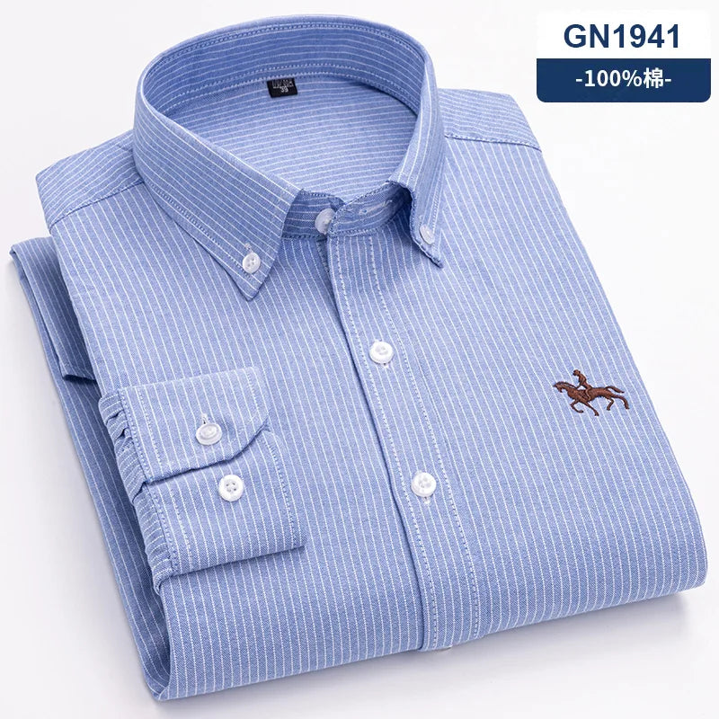 S~6XL Cotton Oxford Shirt For Men's Long Sleeve Plaid | SAMAG