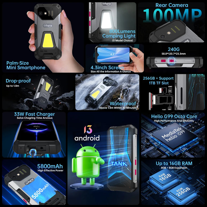 Unihertz 8849 Tank Mini Rugged Smartphone 4.3 Inch Display Android 13 Helio G99 Octa Core 5800mAh 100MP Cameras 16GB 256GB IP68