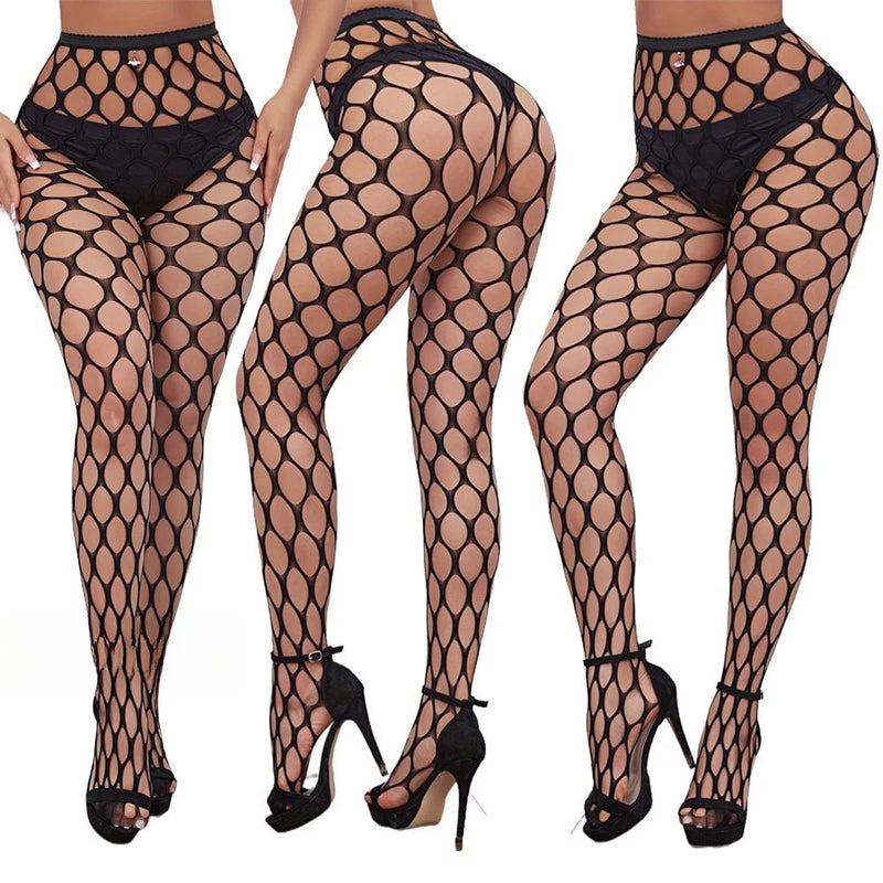High Waist Sexy Fishnet Black Garter Stockings Tights Open Crotchless Body Suit Large Plus Size Pantyhose for Oversized Woman XL