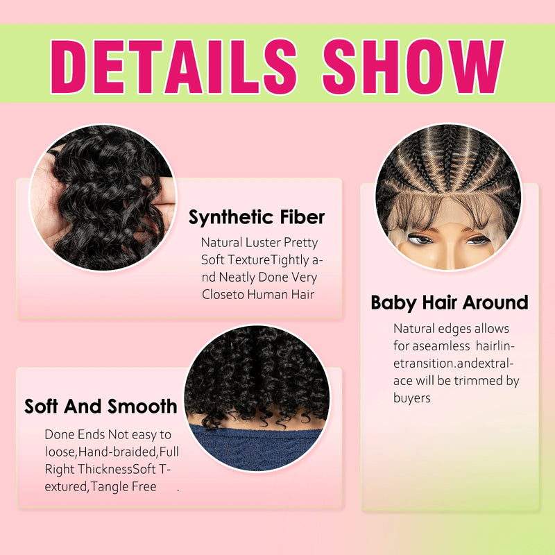 Cornrow Braided Curly Hair Wig Deep Wave Synthetic Hair Wigs with Baby Transparent 13x6 Lace Frontal 16in Hair Fits Black Women