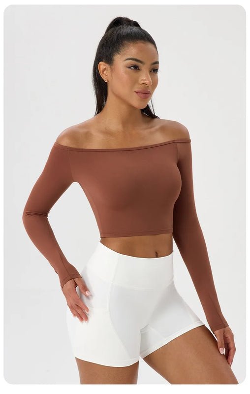 Long Sleeve Yoga T-Shirt for Women, Off Shoulder, Sexy Tight Gym Workout Top, Naked Feeling, Quick Dry Sports Activewear