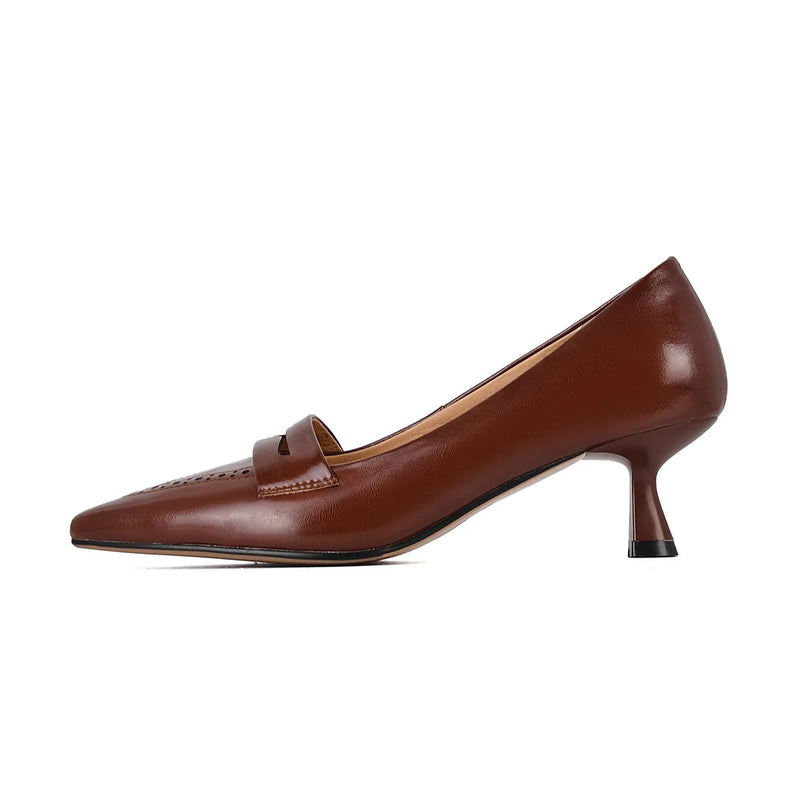 style new apricot high heels thin heel cowhide kitten heel middle mouth one pedal pointed single shoes women's super large size