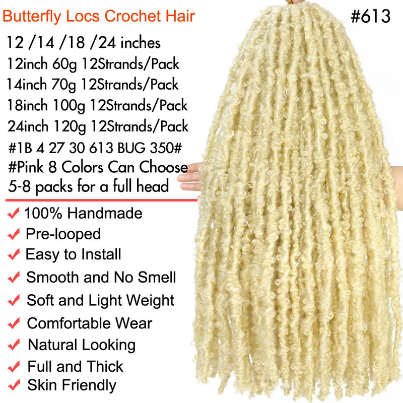 1- 8 Packs Butterfly Faux Locks Crochet Hair Boho Soft Locs Braiding Hair Distressed Pre Looped Synthetic Butterfly Locs Twists