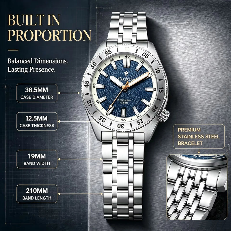CADISEN Automatic Mechanical Wristwatch Man Meteorite Dial Business Casual 100M Waterproof 8215 MIYOTA Stainless Steel Men Watch