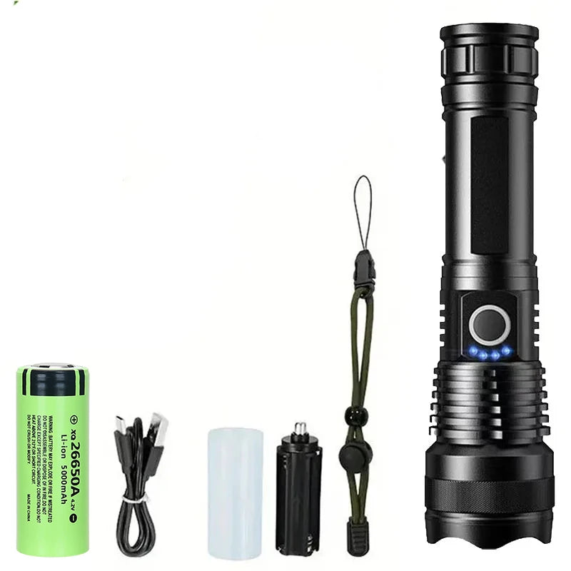 High Power Strong Light Long Range LED Flashlight USB Rechargeable Defense Flashlight Outdoor Telescopic Zoom Super Bright Torch