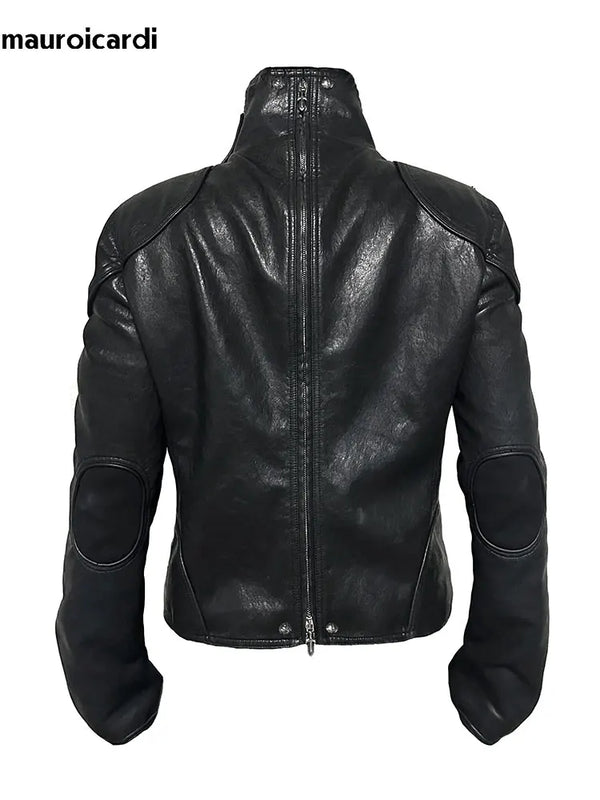Mauroicardi Spring Black Short Pu Leather Jacket Men with Back Zipper Luxury Brands Original Emo Streetwear Punk Style Clothing