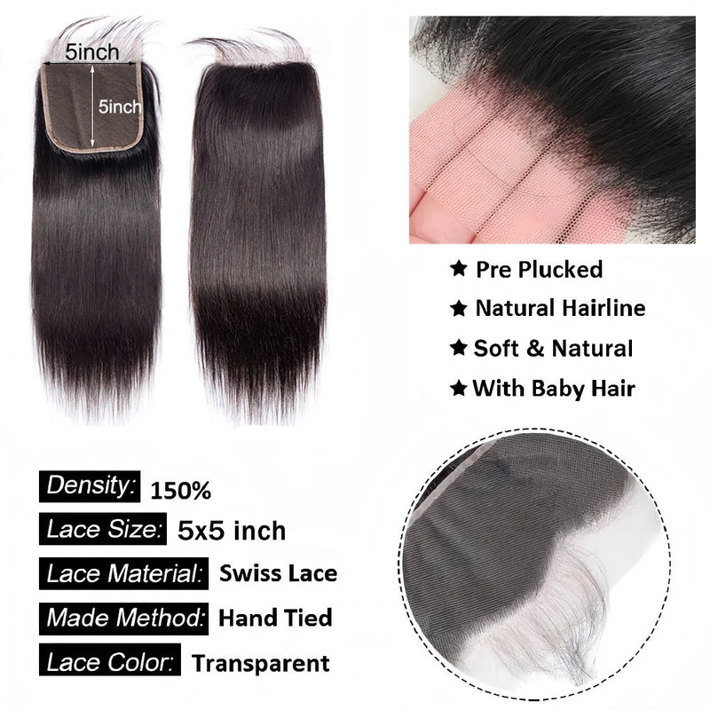 Straight 13x6 Lace Frontal Only 360 Lace Brazilian Virgin Human Hair 2x6 Lace Closure 4x4 5x5 Transparent Swiss Lace Closure