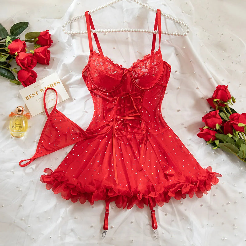 Women Sexy Lace Babydoll with Open Back Polka Dot Ruffle Hem G String Lingerie Set Cute Nightwear Erotic Costume For Couple