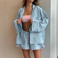 Spring Summer Collection Women's Pure Cotton Loose Fit Long Sleeve Cardigan Shorts Pajama Set Comfortable Loungewear Outdoor