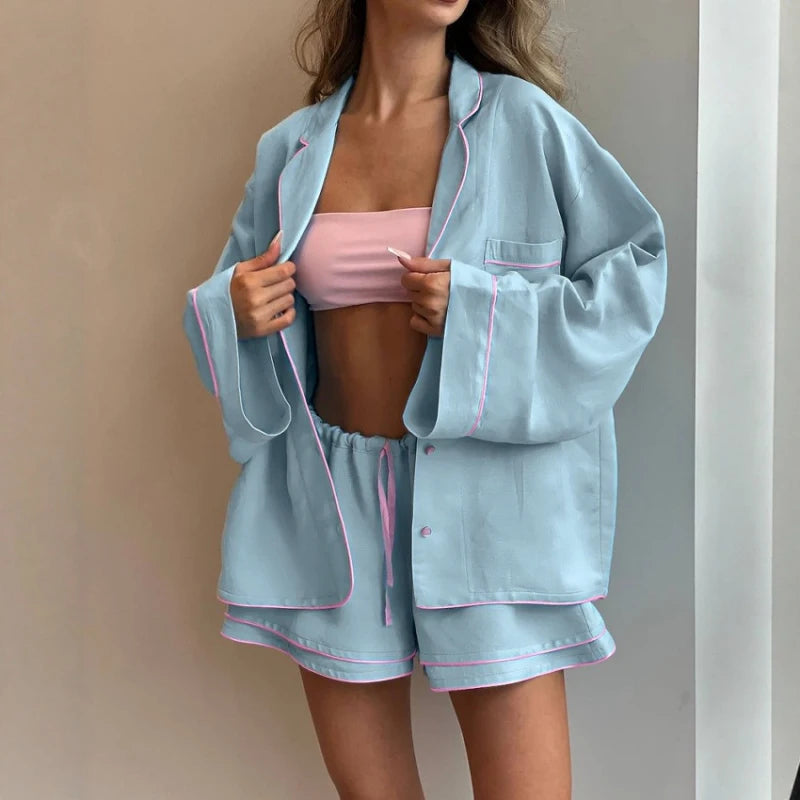 Spring Summer Collection Women's Pure Cotton Loose Fit Long Sleeve Cardigan Shorts Pajama Set Comfortable Loungewear Outdoor
