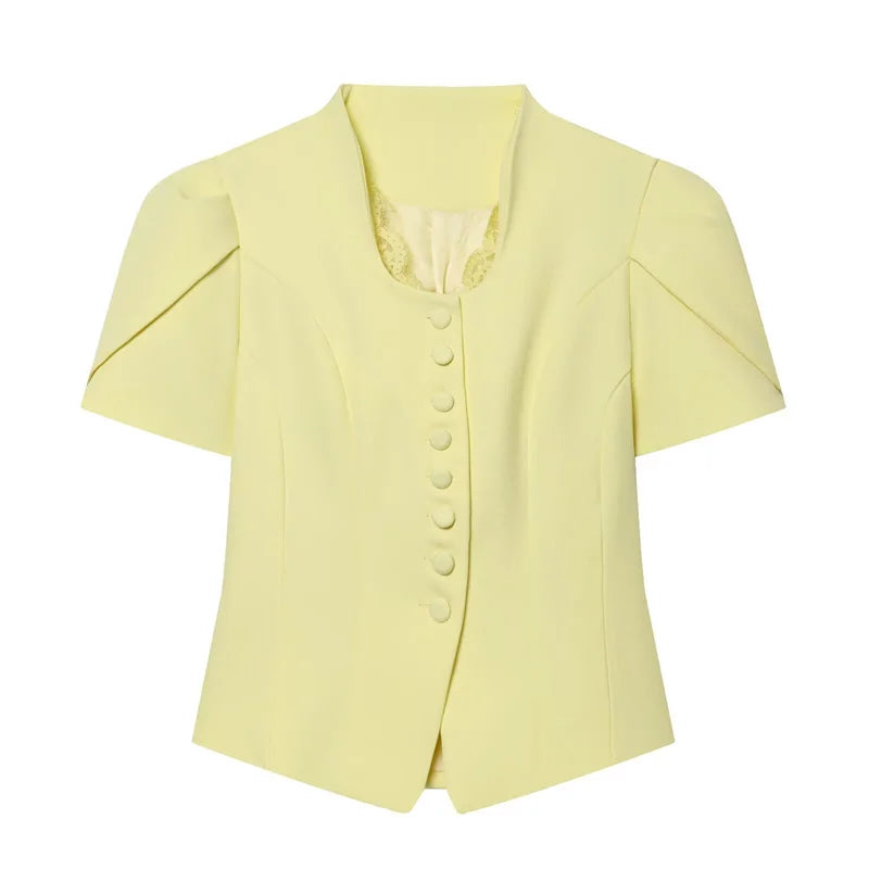 Women V Neck Puff Sleeve Cropped Blouse Button Slim - View 9 | SAMAG