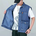 Trendy Summer Retro Denim Vest for Men Sleeveless Cargo Jacket Multi Pocket Workwear Jacket