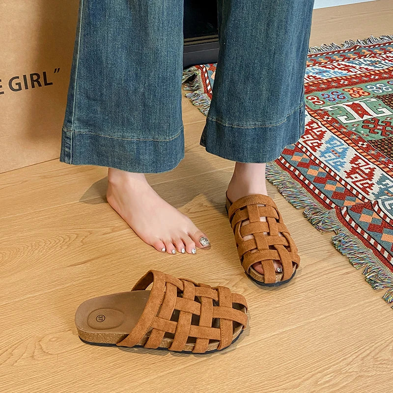 Women's Solid Color Breathable Mules Clogs, 2.5cm Woven Closed Toe Arch Support Sandals, Outdoor Beach Slides Home Slippers
